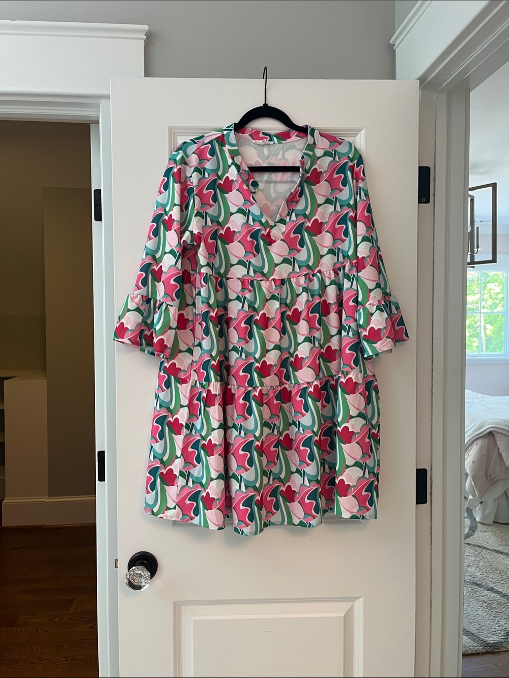 V-Neck Tiered Dress in Pink & Green Floral